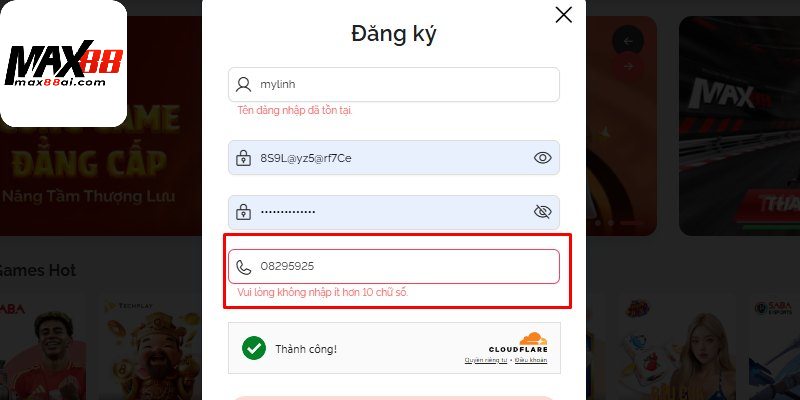 Nhập sai hoặc thiếu thông tin là nguyên nhân đăng ký Max88 thất bại 